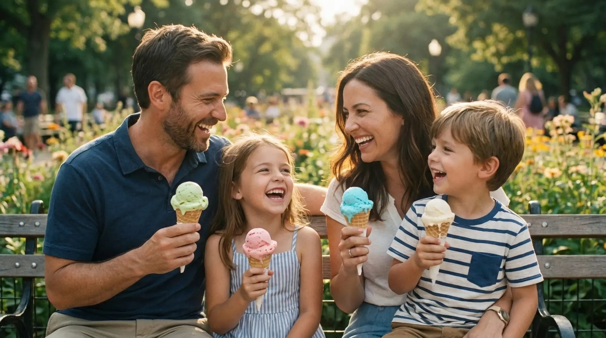 A family of four smiling together outdoors while eating ice cream